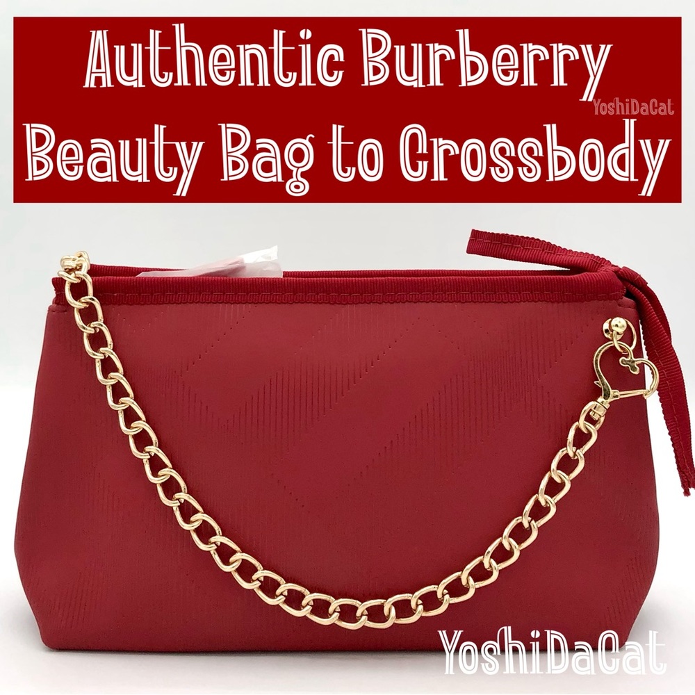 🆕 Burberry Beauty Cosmetic Pouch to Crossbody Bag, Dark Red, PUL Nova Check New